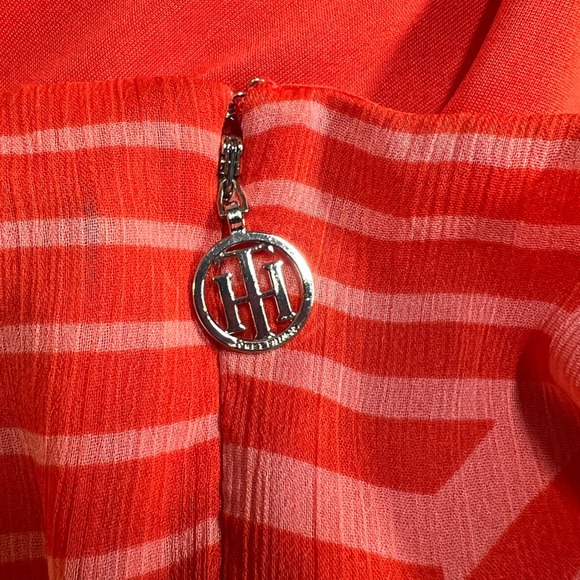 NWT Tommy Hilfiger Women's Coral Stripe Hi-Lo Faux Wrap Dress Tie Sleeve Size 8 - Picture 4 of 13